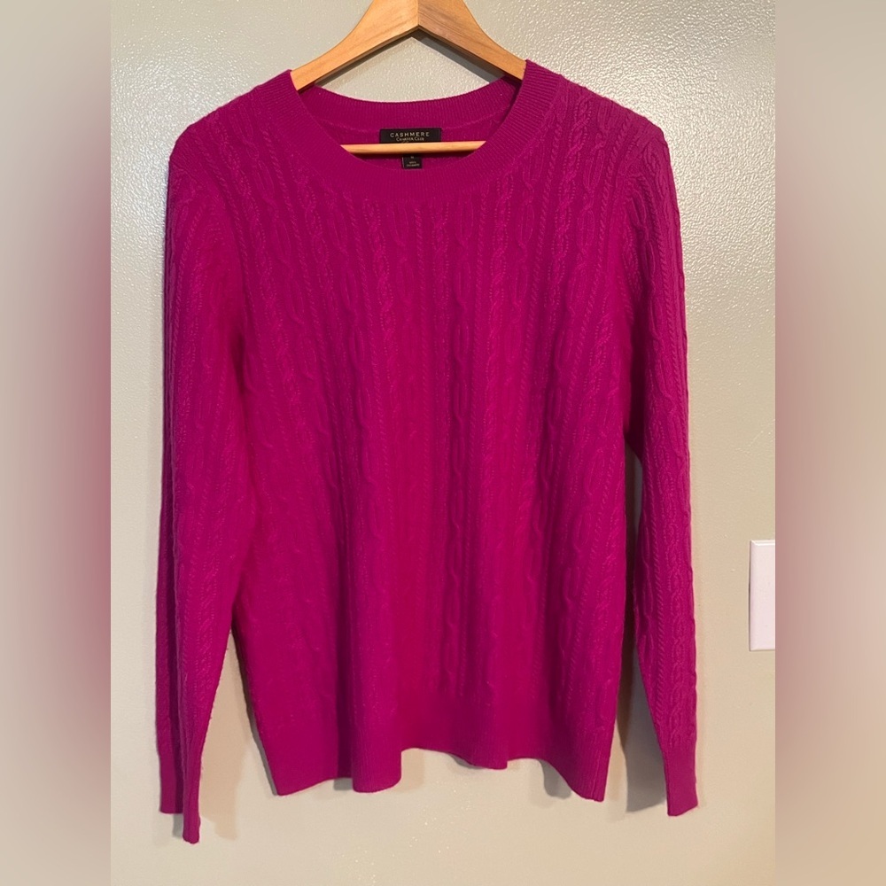 Charter Club Fuchsia Cable Knit Luxury 100% Cashmere Sweeter M